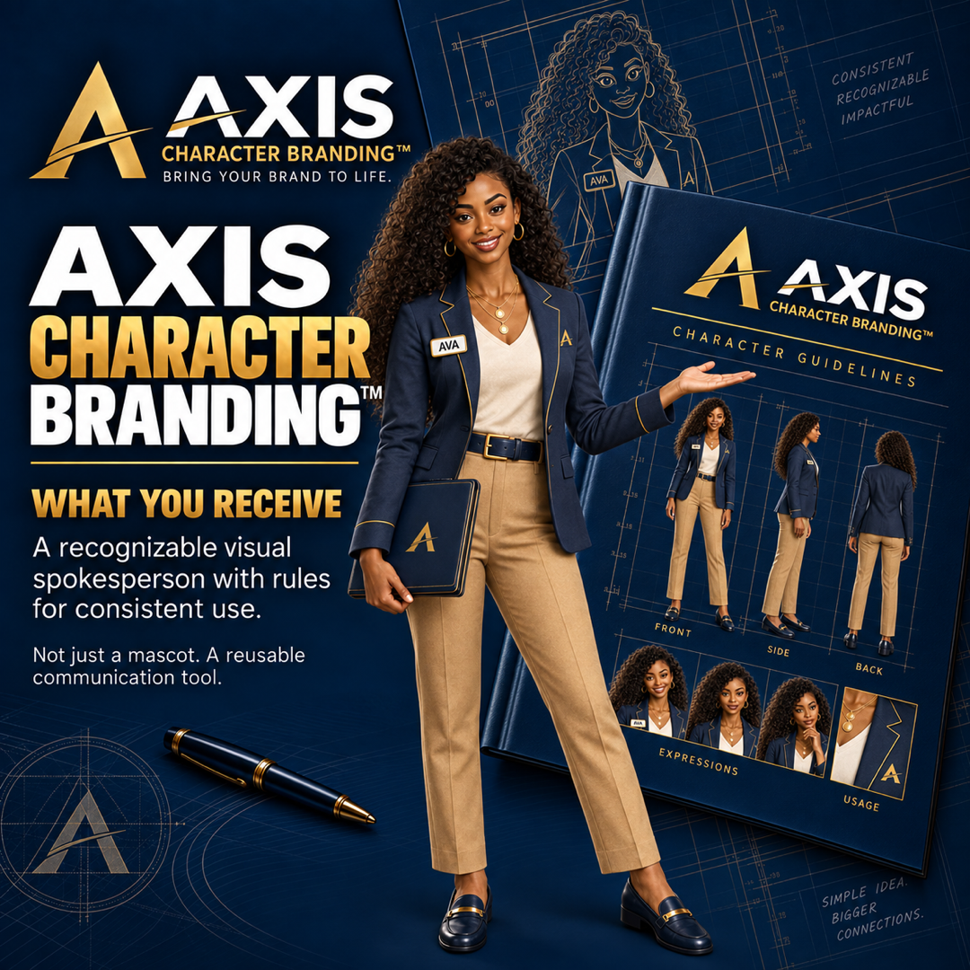 AXIS Character Branding — what you receive: a recognizable visual spokesperson with rules for consistent use