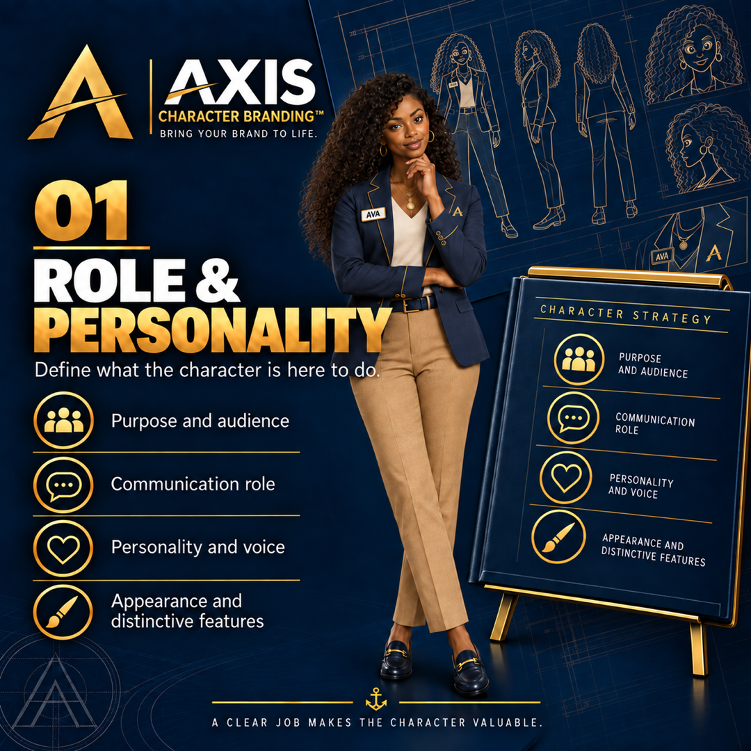 Character Branding step 01 — Role & Personality: purpose, audience, communication role, personality, voice, appearance