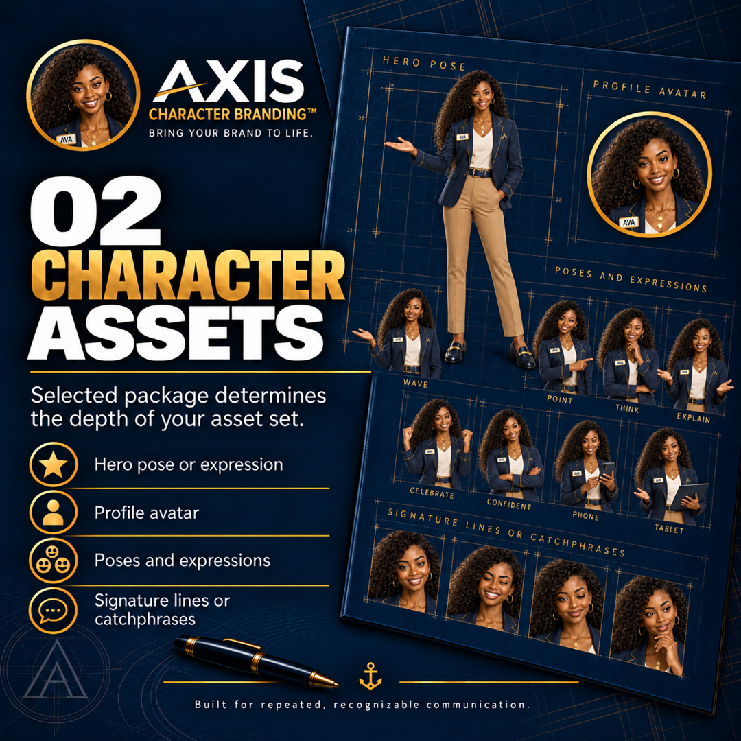 Character Branding step 02 — Character Assets: hero pose, profile avatar, poses and expressions, signature lines