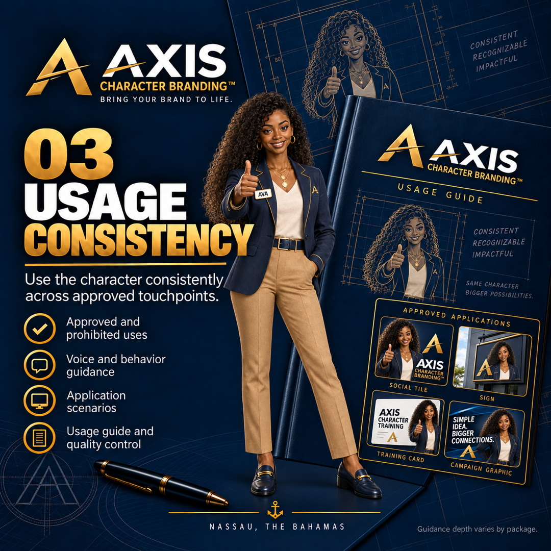 Character Branding step 03 — Usage & Consistency: approved and prohibited uses, voice guidance, application scenarios, usage guide