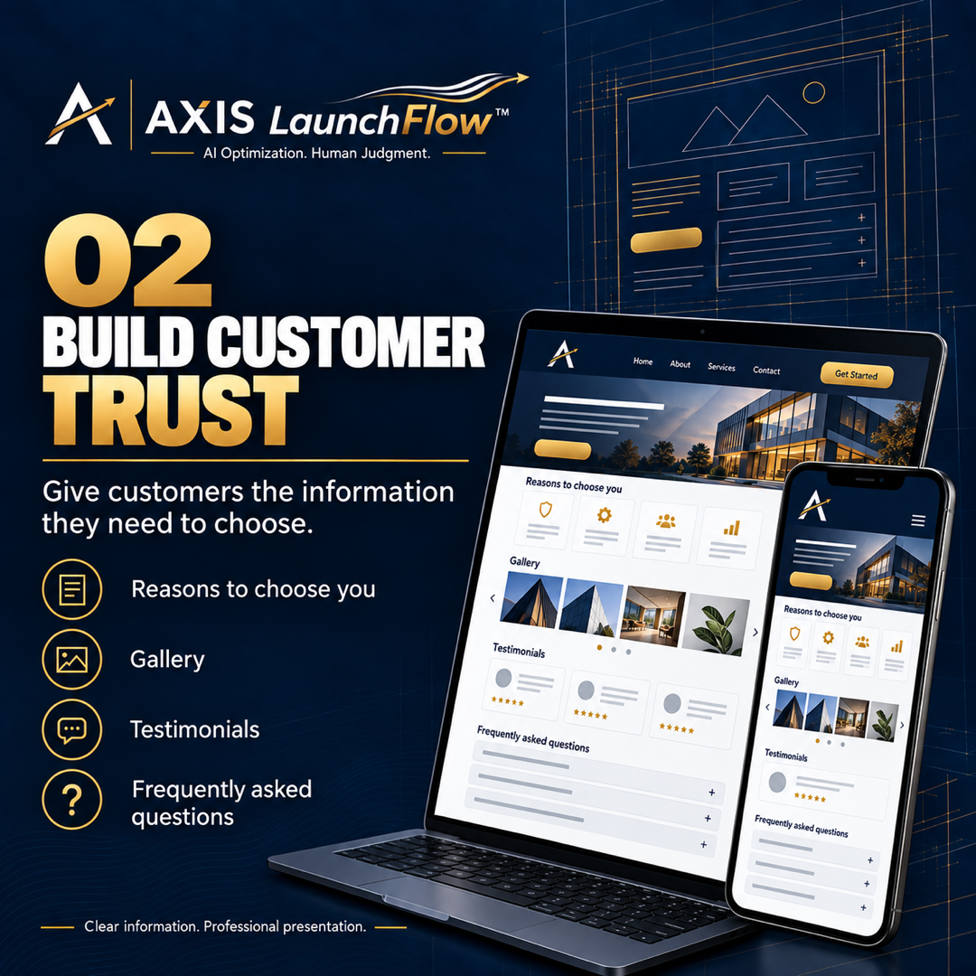 LaunchFlow step 02 — Build customer trust: reasons to choose you, gallery, testimonials, FAQs