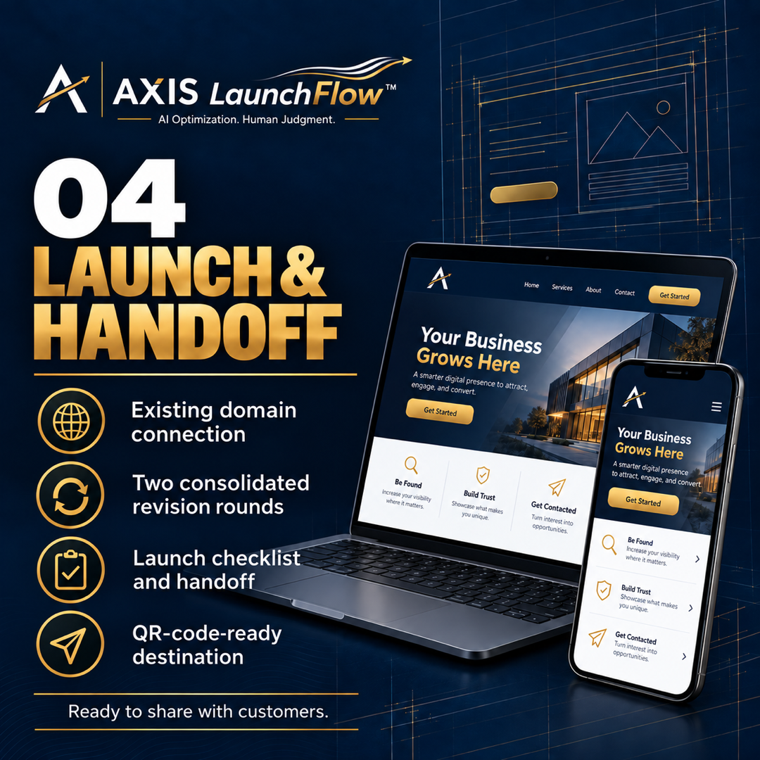 LaunchFlow step 04 — Launch and handoff: domain connection, revisions, launch checklist, QR-ready